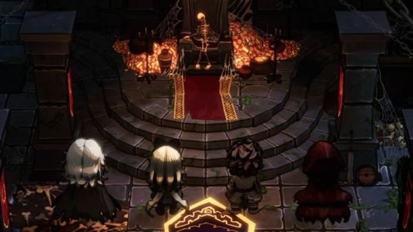 Four characters standing in front of a skeleton on a throne that is surrounded by gold.