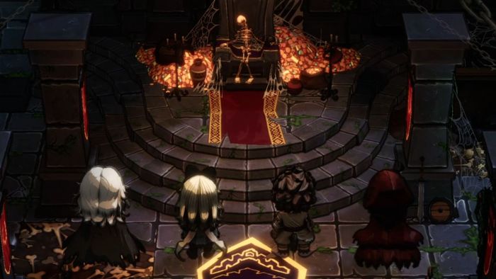Four characters standing in front of a skeleton on a throne that is surrounded by gold.