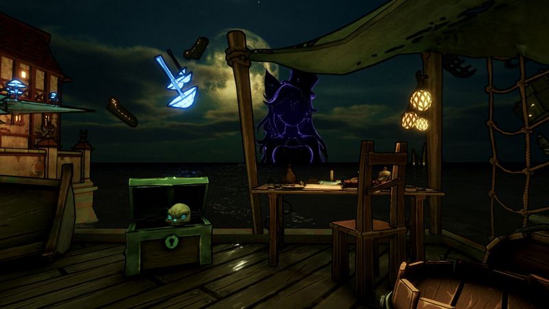 A dockside scene under a full moon, with Game Master Alice watching over a table, chair, and open chest.