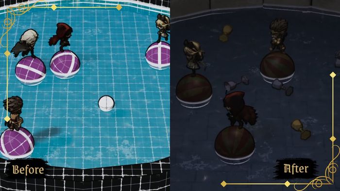 Split before-and-after of characters balancing on balls. The left side is greybox; the right side is the dressed-up minigame.