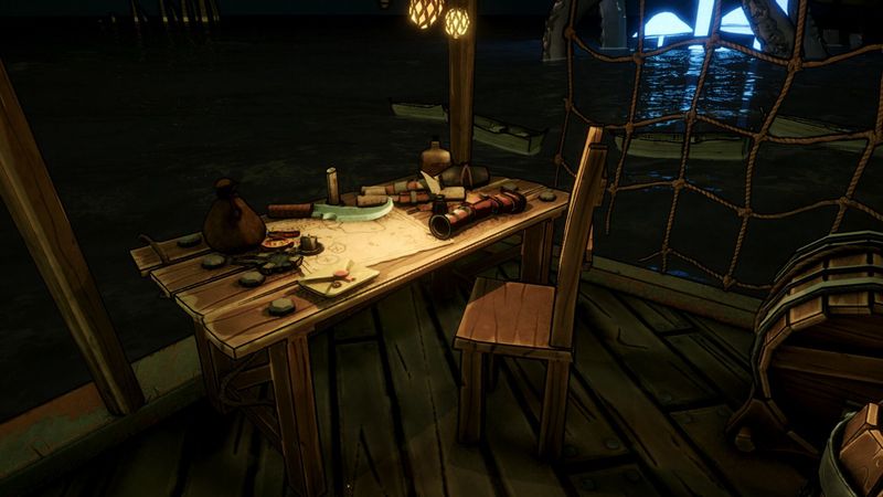 A wooden table and chair beside a body of water in Neverbound, with a map, knife, and other props on the table.