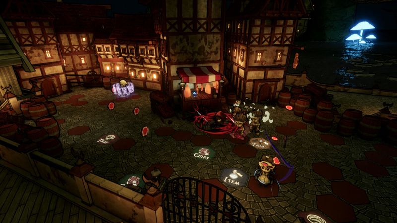 Overview of the Neverbound arena. Four characters on the board with some tiles revealed. Red Riding Hood is using her ability.