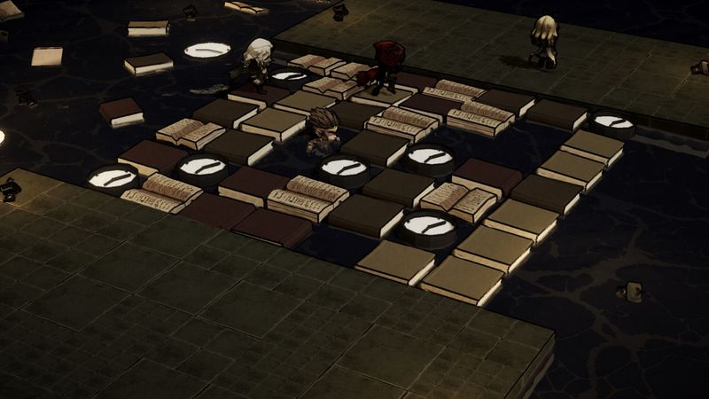 Neverbound minigame where characters walk across floating books and clocks, trying to find the correct path.