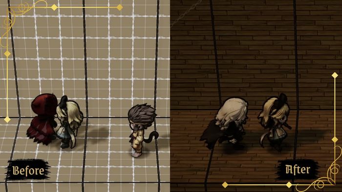 Split before-and-after of characters in a tight corridor. The left side is greybox; the right side is the dressed-up wooden walls.