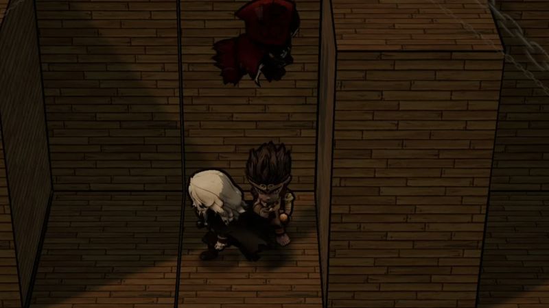 Dracula and Wukong standing between wooden walls while Red Riding Hood hangs overhead in a Neverbound minigame.