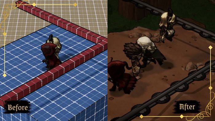 Split before-and-after of characters jumping over obstacles. The left side is greybox; the right side is the dressed-up minigame.