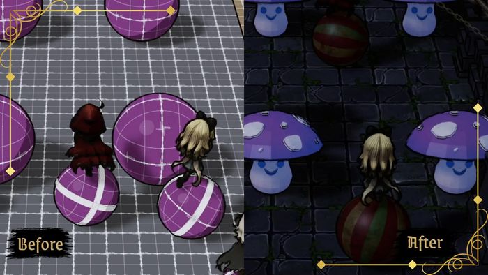 Split before-and-after of characters bouncing on balls among mushrooms. The left side is greybox; the right side is the dressed-up minigame.