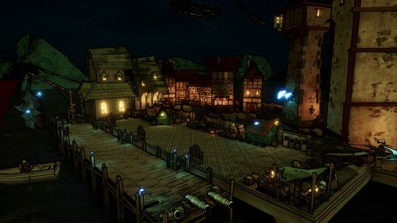 Overhead view of the Neverbound arena at night, surrounded by buildings and water.