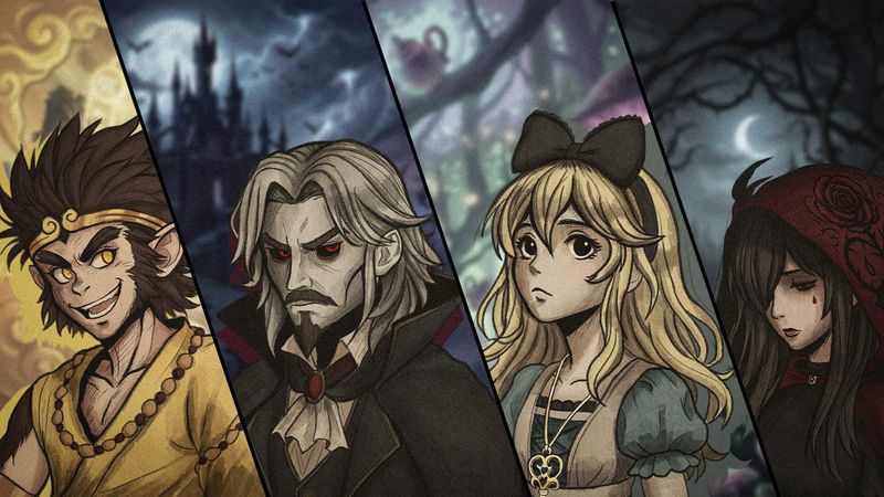 Split portraits of four Neverbound characters — Wukong, Dracula, Alice, and Red Riding Hood.